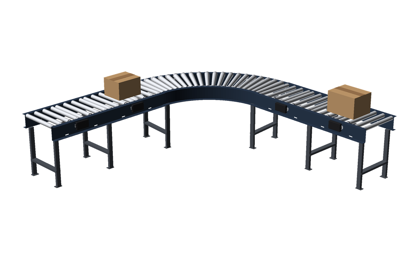 A conveyor line: straight roller sections into a 90-degree curve, with MDX modules on the side rails
